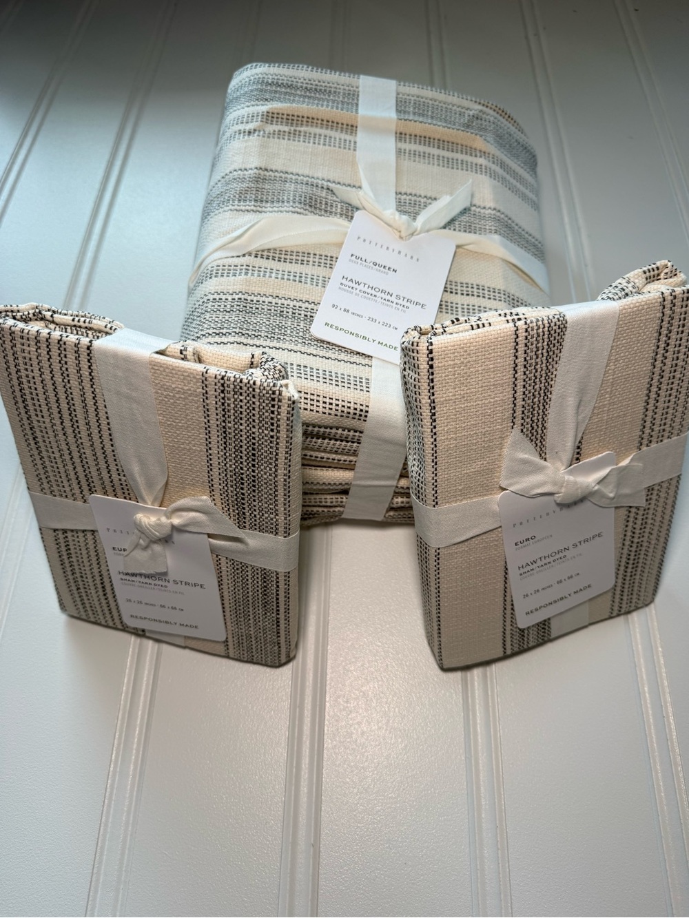 POTTERY BARN HAWTHORN STRIPE Full Queen DUVET COVER Euro SHAM Set Gray NEW